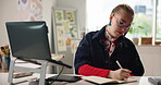 Writing, woman and employee with laptop, creative or planning for web design, home office or online. Graphic designer, notes and person with tech for project, remote work and freelance task on app