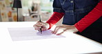 Woman, hands or sketching with light table for fashion design, art or tracing in home studio. Female person, artist or clothing designer drawing with pencil for illustration draft or plan in workshop