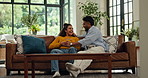 Couple, home and touch on stomach with pregnancy, sofa and excited or bonding together in living room. Man, woman and care in marriage for maternity support and relax on couch for healthy development