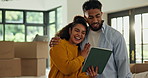 Couple, tablet and hug in new home with smile, interior design and excited for fresh start at property. People, man and woman with real estate, app and online shopping for furniture choice at house