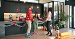 Christmas, dance and parents with girl in home for celebration, bonding and fun together. Family, December and excited mom, dad and child with music for xmas holiday, festive season and tradition