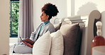 Book, relax and thinking with woman in bedroom of home for break, literature hobby or wellness. Imagine, novel and reading with African person on bed in apartment for fantasy or fiction storytelling
