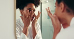Eye patches, mirror and black woman in bathroom for skincare, beauty and wellness for morning routine. Dermatology, home and person in reflection for grooming, health and hydration for dark circles