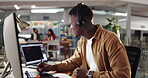 Computer, support and writing with man in call center for feedback or solution as virtual assistant. Communication, contact us and notebook with agent at workplace desk for customer service or help