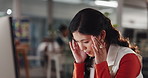 Woman, headache and night at office with computer, stress and fatigue with graphic design career at company. Person, migraine and pain with vertigo, exhausted and brain fog for job at creative agency