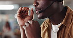 Hands, mouth and support with man in call center for feedback or solution as virtual assistant. Contact us, explain and headset with agent speaking in workplace for advice, customer service or help