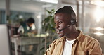 Computer, headset and support with man in call center for feedback or solution as virtual assistant. Communication, contact us and help with agent at desk in workplace for advice or customer service