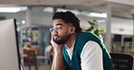 Stress, tired and computer with business man in office for web design solution, research or brain fog. Burnout, fatigue and project deadline with person in agency for ui development and glitch review