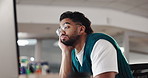 Bored, tired and computer with business man in office for web design solution, research and brain fog. Burnout, fatigue and project deadline with person in agency for ui development and glitch review