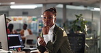 Think, employee and woman with computer, night or ideas for graphic design, reflection and creative. Contemplating, web designer and black person with  for project, screen and working late in office