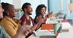 Happy, business people and meeting with applause for presentation, good job or well done in office. Group, employees or team clapping with smile for seminar, congratulations or thank you in workshop