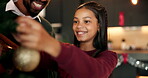 Decorating, Christmas tree and child with dad, home or smile for ornament on holiday, night or event. Happy, man and bonding with daughter for celebration, festive season or family tradition in house