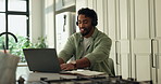 Man, headset and laptop in kitchen for call center remote work, typing and advice for customer care. Chat, freelance help desk consultant or virtual assistant on computer for telecom support at home