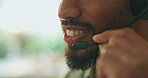 Mouth, mic and man talking at callcenter for customer service, advice or help desk consultant. Phone call, communication and closeup of agent with telecom, space and laugh with client for support