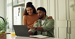 Laptop, love and couple in kitchen in home with remote work for startup business with research. Computer, notebook and wife checking on man with care for explaining creative project in apartment.