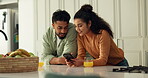 Couple, smartphone and conversation in morning with juice, communication or connection with social media. Talk, bonding and drink for online scroll with mobile app, man and woman sharing post at home