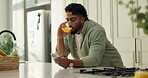 Man, smartphone and drinking juice in kitchen, communication or connection with social media. Reading, blog and beverage for scroll with mobile app, check post or notification with smile at home