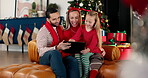 Parents, child and phone on Christmas at house for social media, browsing internet and gift search. Family, kid and mobile for present decision, online shopping and bonding together on festive season