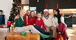 Face, smile and big family hug on Christmas, holiday celebration and bonding together. Happy, people and embrace child for love, xmas party and reunion with grandparents for festive season at house