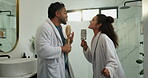 Dancing, couple and karaoke in bathroom, silly and sing with brush in home, fun and morning routine. Happy, man and bonding with woman in house, romance and people with rhythm, smile or getting ready