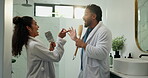 Dancing, couple and karaoke in bathroom, sing and fun with brush in home, silly and morning routine. Happy, man and bonding with woman in house, romance and people with rhythm, smile or getting ready