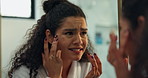 Frustrated woman, mirror or disaster with skin for acne, spots or imperfect in bathroom or home. Upset, female person or trouble with reflection for skincare fail, bad product or poor result in house