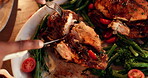 Cutting, chicken and hands with meal for thanksgiving, eating and person with healthy food in house. Above, meat and cuisine for festive season, celebration and dinner for Christmas in home or plate