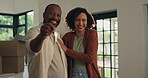 Couple, face and keys with happiness for new house, real estate or relocation with laughing together. Mortgage, property investment and success with African people by boxes, moving in and portrait
