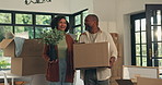 Smile, moving and box with couple in new home for property, investment or relocation. Mortgage success, real estate and renting with man and woman in living room for opportunity and house purchase