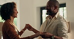 Couple, dance and happy for new home with celebration, movement and fun relocation. Mortgage, property investment and achievement with African people in house, moving in and rhythm for success