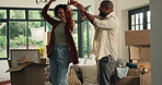 Couple, dancing and happy for new house with celebration, movement and fun relocation. Mortgage, property investment and achievement with African people by boxes, moving in and rhythm for success