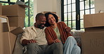Planning, moving and sofa with couple in new home for property, talking or relocation. Mortgage discussion, real estate and renting with man and woman in living room for love and house purchase
