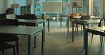Education, furniture and interior with empty classroom on college campus for learning or study. Development, space and university with desks in school for after hours knowledge or scholarship