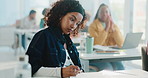 Woman, university student and writing notes in class for learning, information or knowledge. College, scholarship and person with notebook for study, education or lecture summary in lesson for thesis