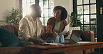 Couple, laptop and argument with finance, stress and conflict in home living room. Frustrated, woman and man with fight, angry and conflict with debt paperwork and accounting mistake with partner