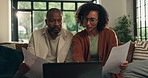 Black couple, documents and home with laptop for finance, budget planning or investment decision. Happy, man and woman with paperwork, bills or expenses on computer for financial choice in house
