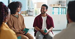 Happy people, discussion and convention with support group for counseling or rehabilitation. Man, speaker and talking with community for mental health, therapy session or team social in workplace