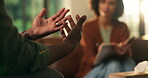 Talking, psychology and help with hands of person for session, tracking progress and chat. Mental health, counseling and patient advice with people in therapist clinic for support, trauma and healing