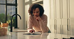Woman, reading and bible study in kitchen, home and review scripture for spiritual guide with faith. African person, book and knowledge for Christian religion, learning and holy literature at house