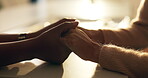 Comfort, support and couple holding hands in home for assurance, compassion and marriage commitment. Gratitude, connection and people in relationship with bonding together, security and appreciation