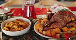 Chicken, feast or dining table with meal for christmas dinner, cuisine or hospitality in home. Closeup, food and roast with vegetables or gourmet dishes for thanksgiving celebration or lunch in house
