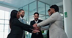 Colleagues, group and hands together for support in office, legal team and applause for opportunity. Stack, lawyer and people with solidarity for case, clapping and collaboration in law firm or unity