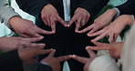 Star fingers, circle and business people in team, above and support with link, symbol and motivation at office. Group, employees and hands with huddle, peace sign or emoji for collaboration at agency