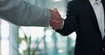 Welcome, handshake and meeting with business people in office for contract, b2b and teamwork. Partnership, introduction and shaking hands with employees in agency for agreement, deal and thank you