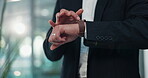 Wristwatch, late and hands of business man in office for time management, appointment and schedule. Reminder, clock and deadline tracking with person waiting in agency for planning and delay