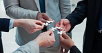 Hands, above and puzzle for group at office with solution, synergy and strategy for game at company. Team, jigsaw and problem solving with integration, challenge and collaboration at insurance agency