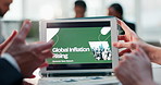 Hands, tablet and screen at meeting, office and financial strategy for global inflation, report and economy. People, tech and ux for analysis, point and review for international debt crisis at agency