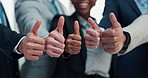Thumbs up, success and hands of business people in office for teamwork, support and approval. Corporate, professional and workers with emoji, like sign and yes for agreement, good job and feedback