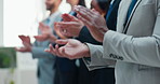 Hands, audience and applause at meeting, celebration and corporate event for revenue increase at office. Business people, crowd and goals with motivation, success or profit results at finance company