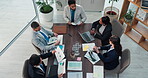 Above, documents and meeting with business people in office together for financial report. Infographic, laptop and paperwork with finance team in boardroom at work for discussion, feedback or review